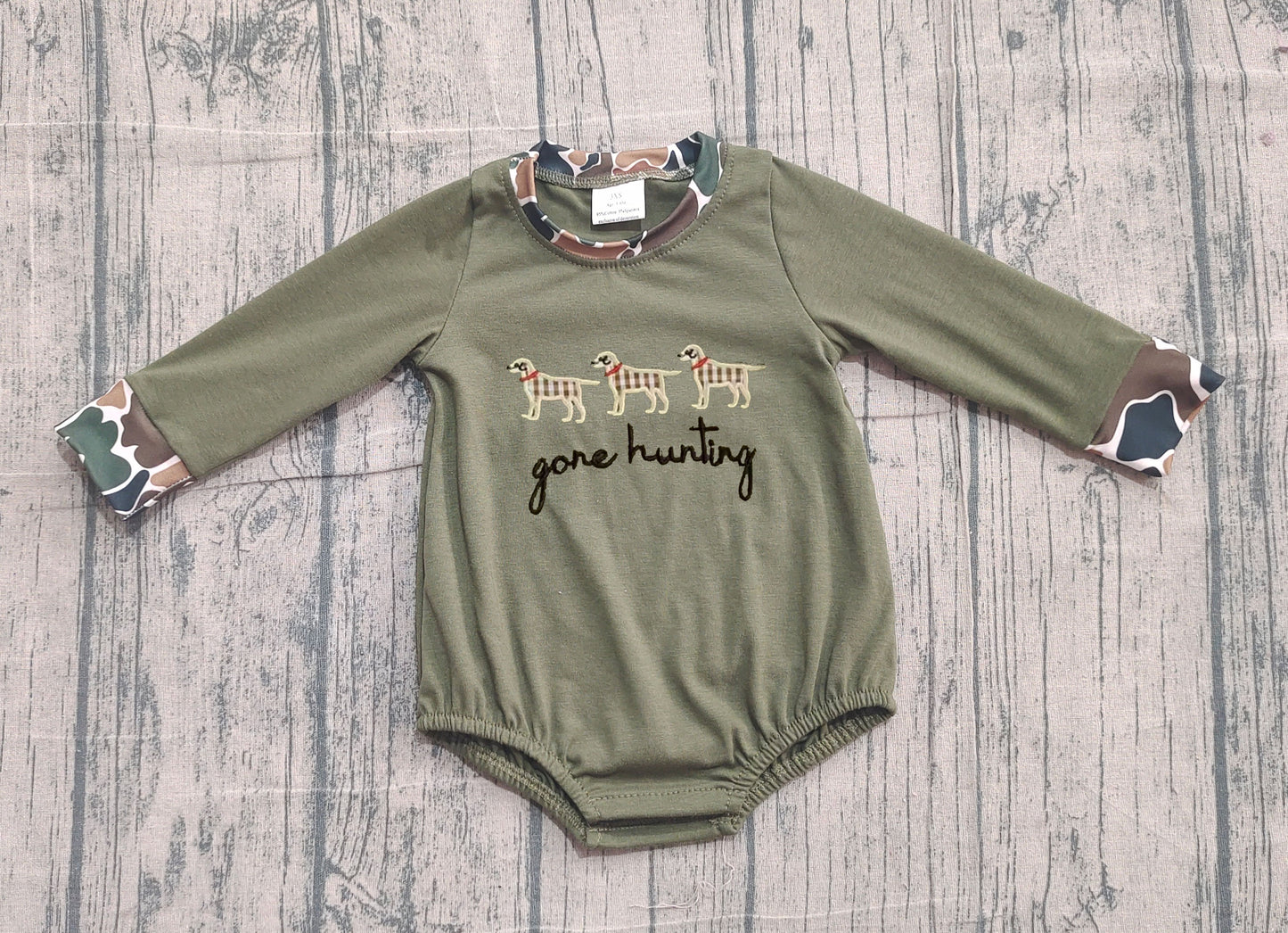 Embroidery Gone Hunting Dogs Baby Boys Olive Rompers Preorder
