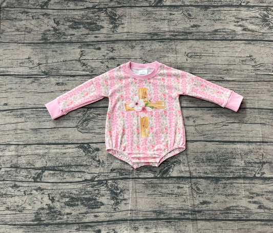 Baby Girls Pink Flowers Stripe Cross Easter Rompers
