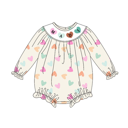 Baby Girls Long Sleeve Colorful Hearts Madi Valentine Ruffle Rompers Preorder