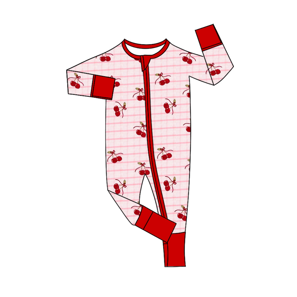 Baby Girls Pink Checked Cherry Zipper Footie Rompers Preorder