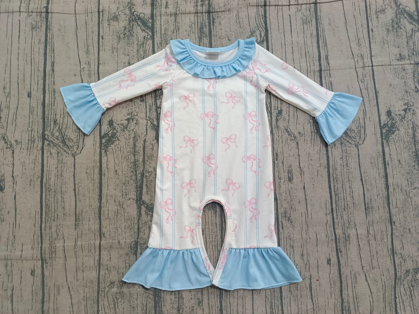Baby Girls Pink Bows Stripe Collar Ruffle Foodie Rompers
