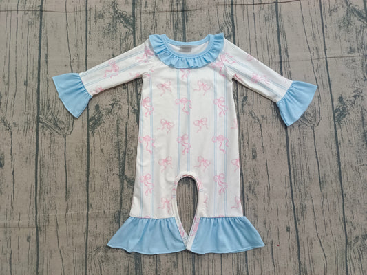 Baby Girls Pink Bows Stripe Collar Ruffle Foodie Rompers