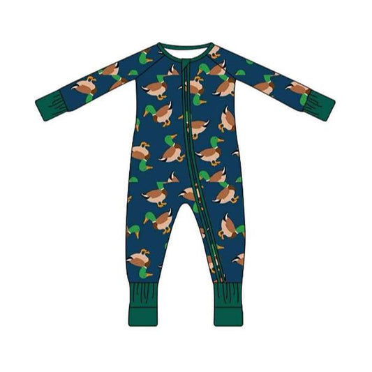 Baby Boys Navy Short Sleeve Ducks Plaid Hunting Zipper Foodie Rompers Preorder