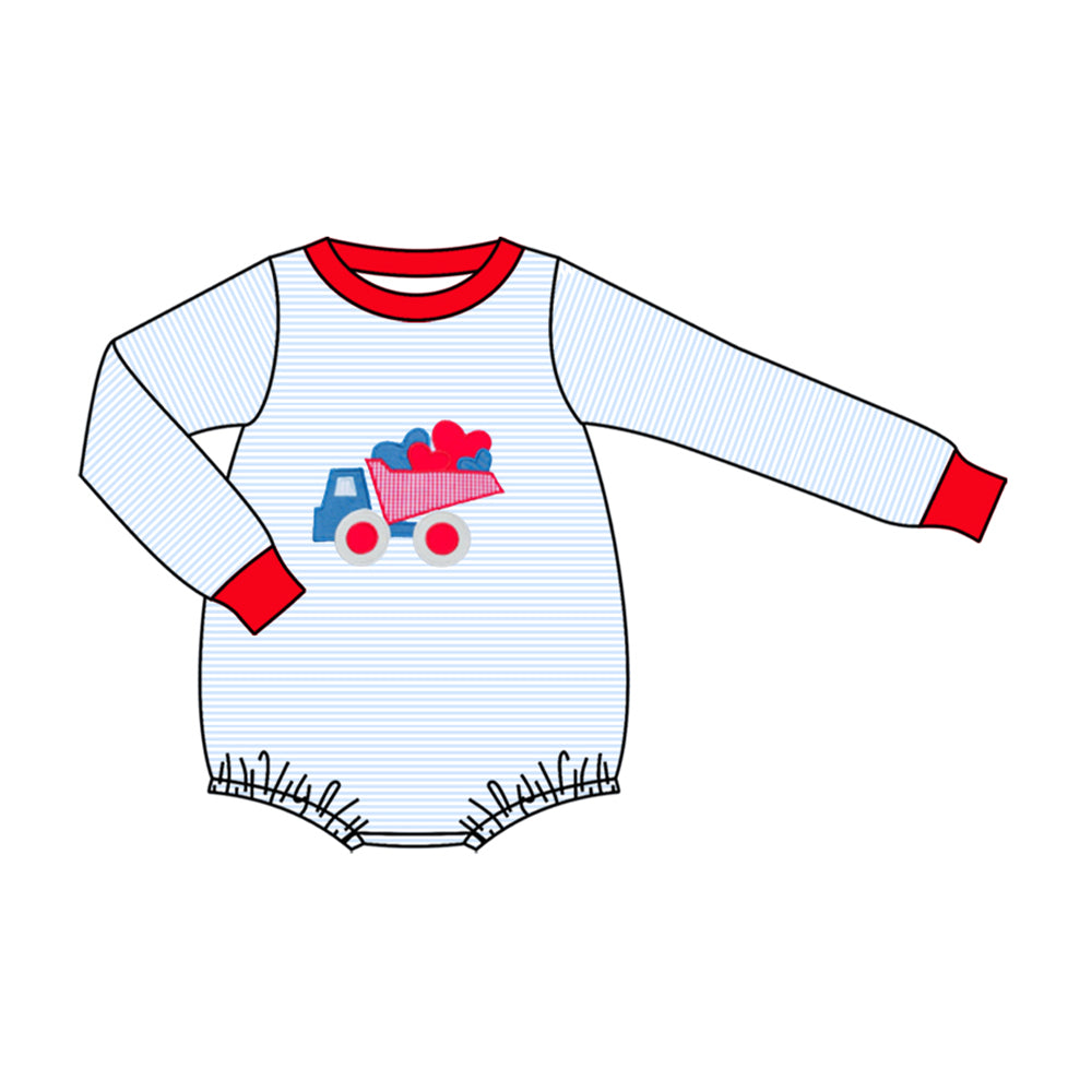 Baby Boys Long Sleeve Blue Stripe Hearts Tractors Valentine Rompers Preorder