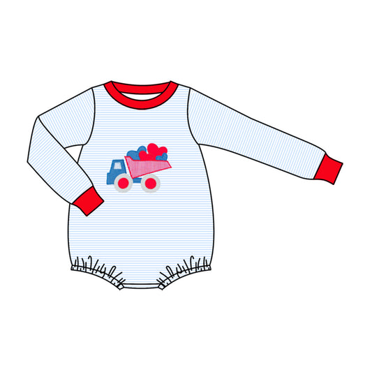 Baby Boys Long Sleeve Blue Stripe Hearts Tractors Valentine Rompers Preorder