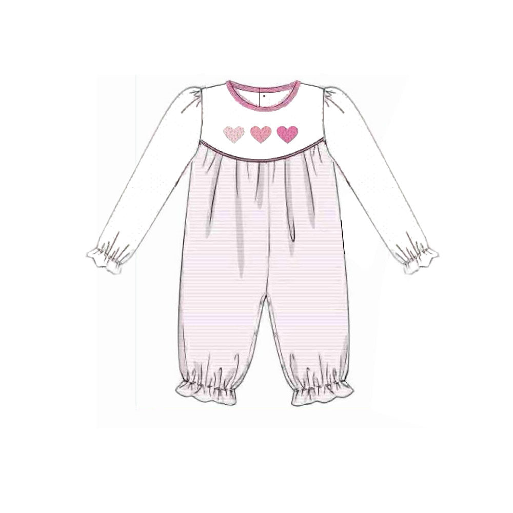 Baby Girls Long Sleeve Pink Hearts Stripe Valentine Ruffle Footie Rompers Preorder