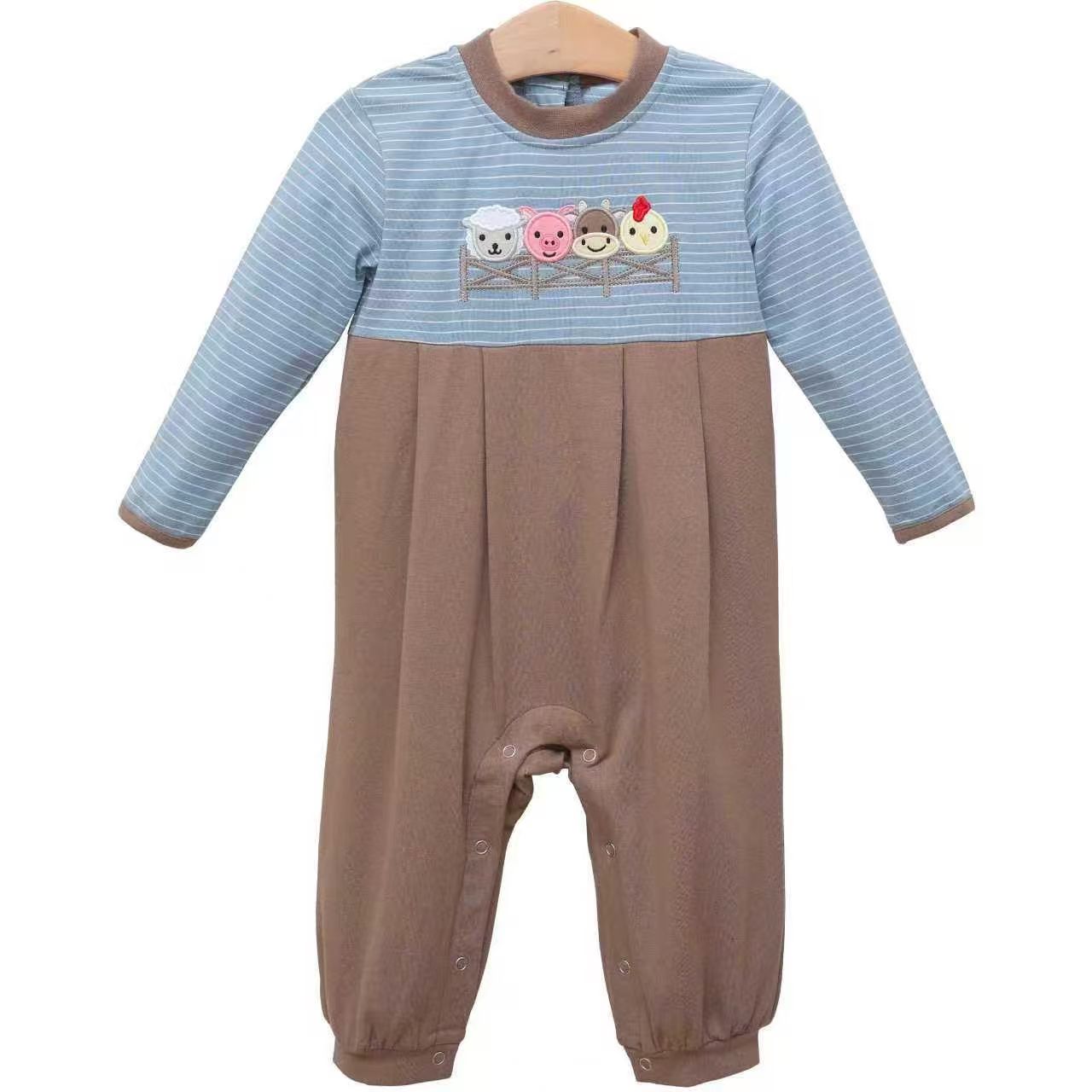 Baby Boys Long Sleeve Blue Stripe Farm Pigs Cows Footie Rompers Preorder