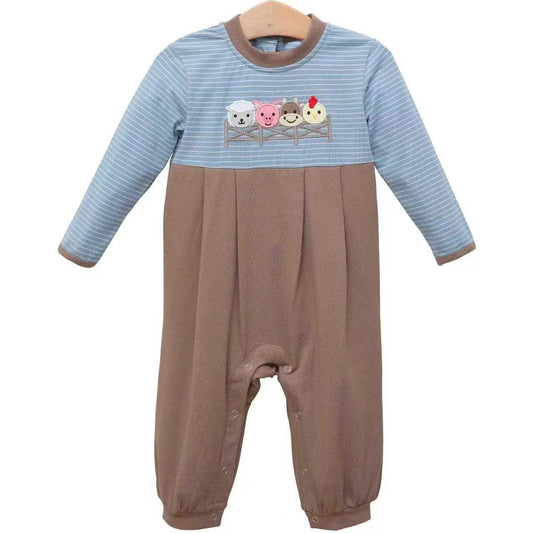 Baby Boys Long Sleeve Blue Stripe Farm Pigs Cows Footie Rompers Preorder