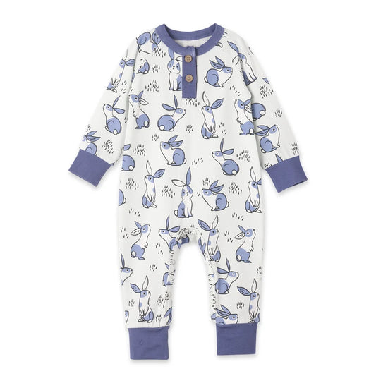 Baby Boys Blue Rabbits Plaid Button Easter Footie Rompers Preorder