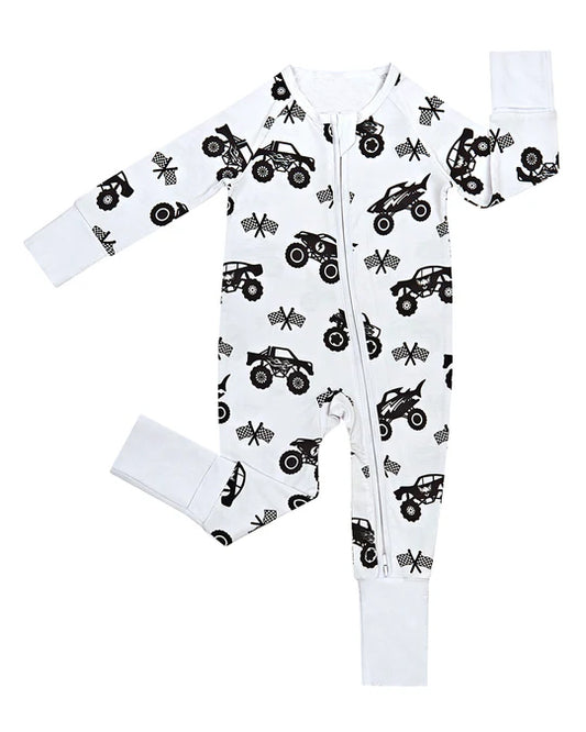 Baby Boys Black Motor Cars Flags Zipper Footie Rompers Preorder