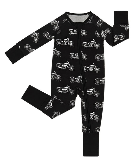 Baby Boys Black Motor Cars Flags Zipper Footie Rompers Preorder