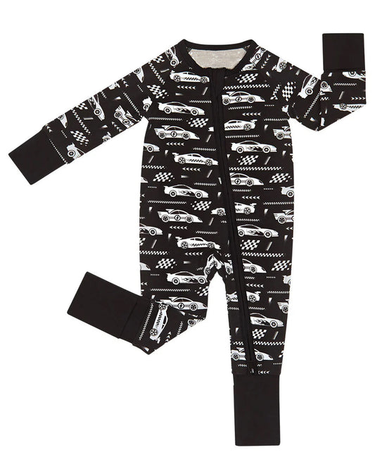 Baby Boys Black Motor Cars Flags Zipper Footie Rompers Preorder
