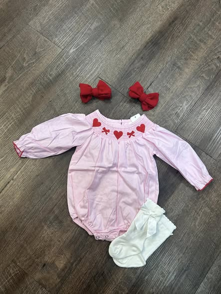 Baby Girls Pink Long Sleeve Hearts Bows Valentine Ruffle Rompers Preorder