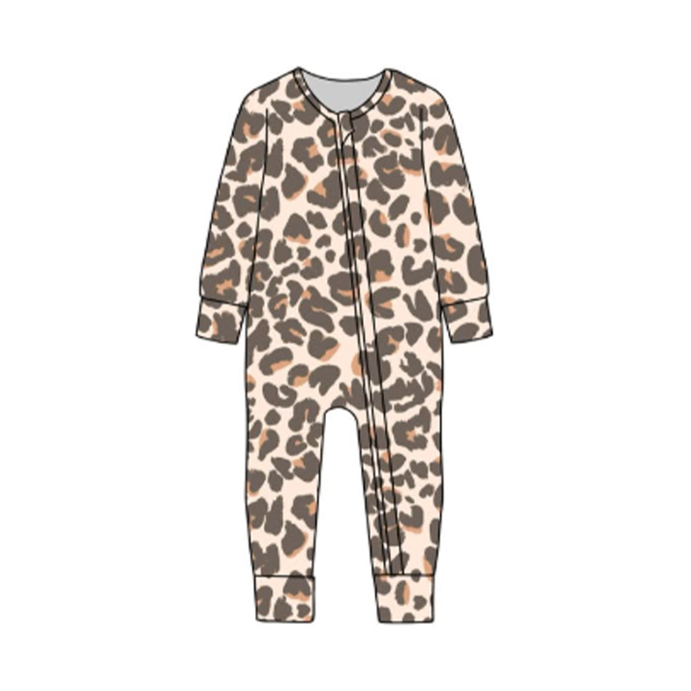 Baby Boys Long Sleeve Khaki Leopard Zipper Footie Rompers Preorder