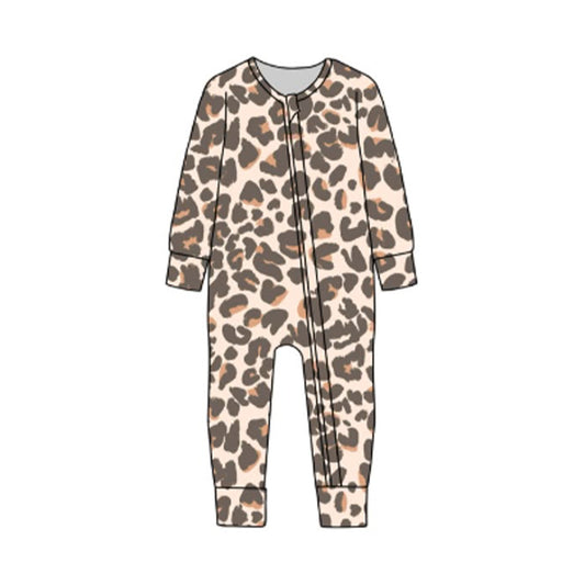 Baby Boys Long Sleeve Khaki Leopard Zipper Footie Rompers Preorder