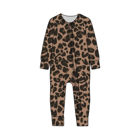 Baby Boys Long Sleeve Brown Leopard Zipper Footie Rompers Preorder