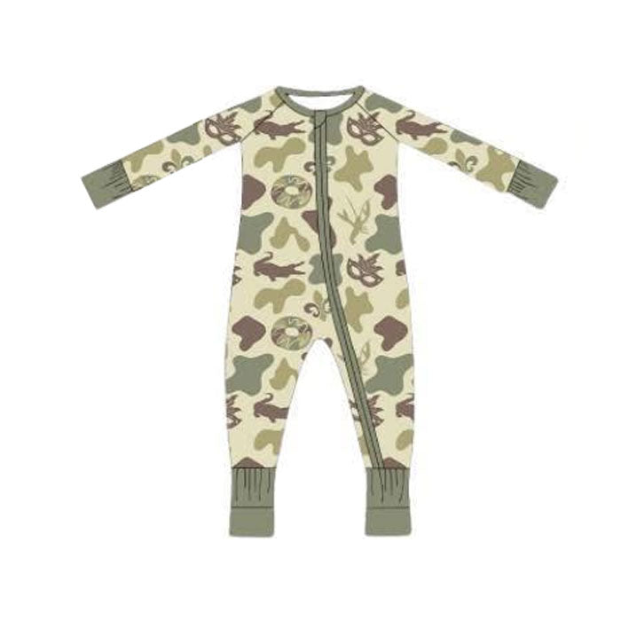 Baby Boys Green Camo Donuts Masks Mardigras Zipper Footie Rompers Preorder