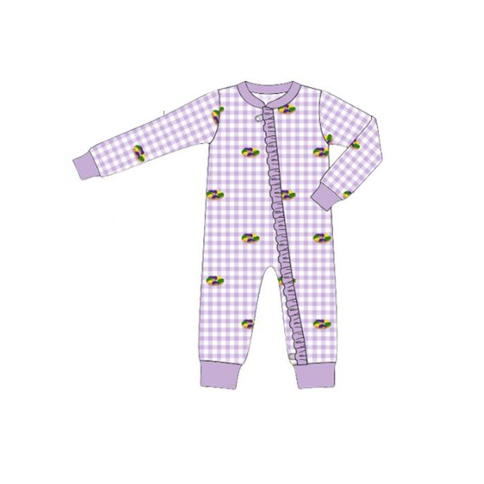 Baby Girls Mardigras Donuts Checked Ruffle Zipper Footie Rompers Preorder
