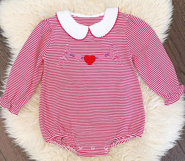 Baby Girls Red Stripe Bows Hearts Valentine Collar Ruffle Rompers Preorder