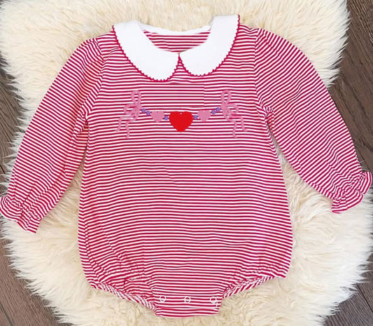 Baby Girls Red Stripe Bows Hearts Valentine Collar Ruffle Rompers Preorder
