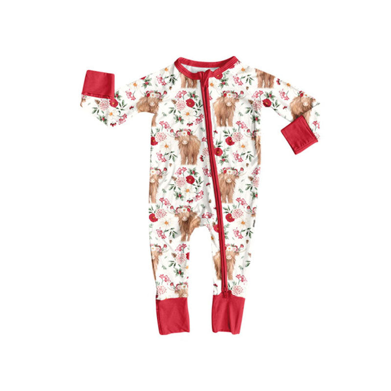 Baby Girls Long Sleeve Floral Highland Cows Western Zipper Footie Rompers Preorder