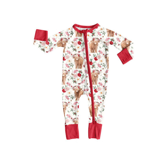 Baby Girls Long Sleeve Floral Highland Cows Western Zipper Footie Rompers Preorder