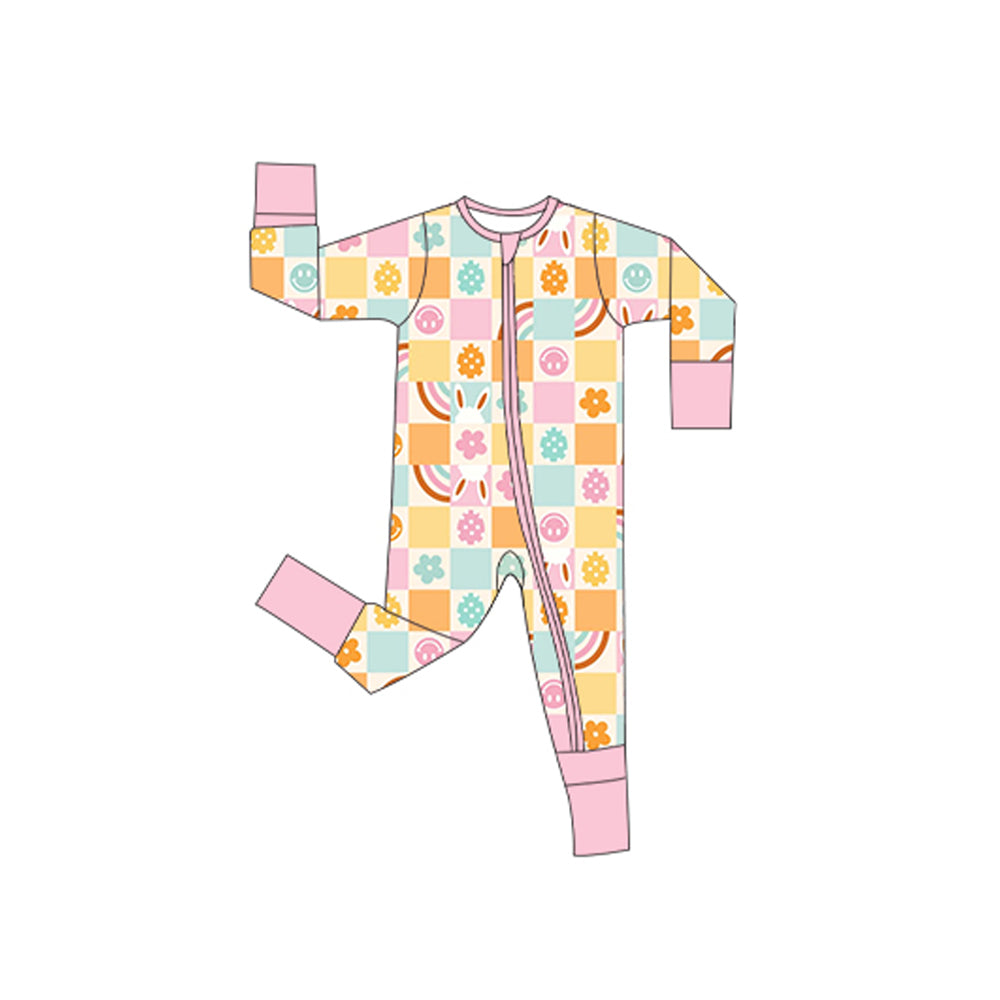 Baby Girls Rabbits Flowers Checked Easter Two Way Zip Convertible Rompers Preorder