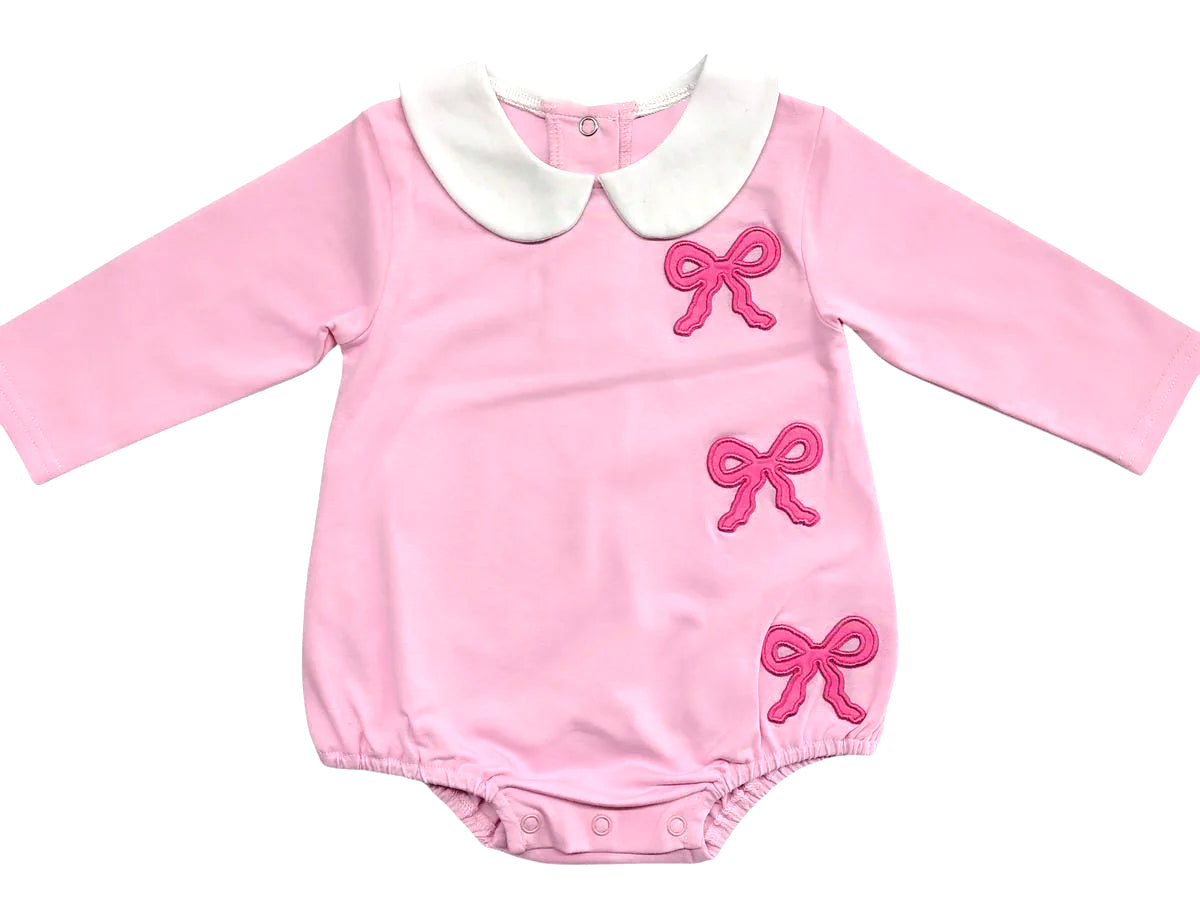 Baby Girls Pink Long Sleeve Bows Collar Ruffle Rompers Preorder