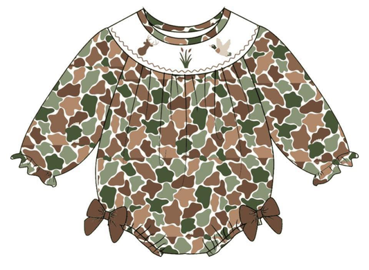 Baby Girls Green Brown Camo Ducks Deer Ruffle Sleeve Hunting Rompers Preorder