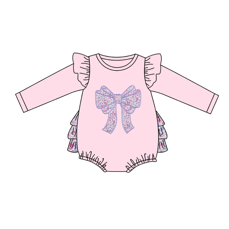 Baby Girls Pink Floral Bows Long Sleeve Bubbly Ruffle Rompers Preorder
