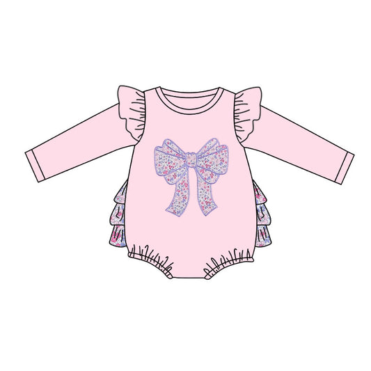 Baby Girls Pink Floral Bows Long Sleeve Bubbly Ruffle Rompers Preorder