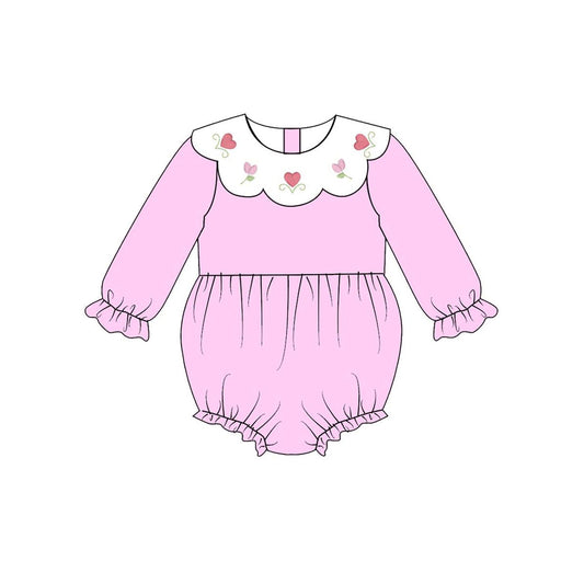 Baby Girls Pink Hearts Flowers Long Sleeve Valentine Ruffle Rompers Preorder