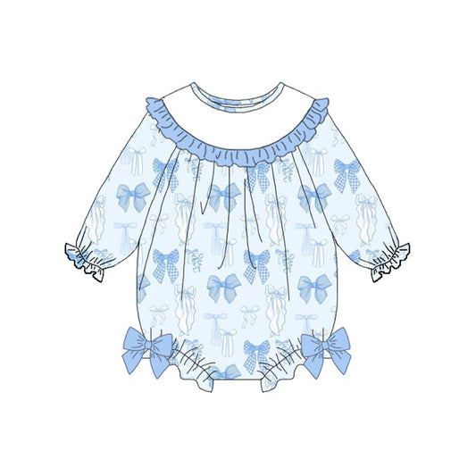 Baby Girls Blue Bows Plaid Long Sleeve Valentine Ruffle Rompers Preorder