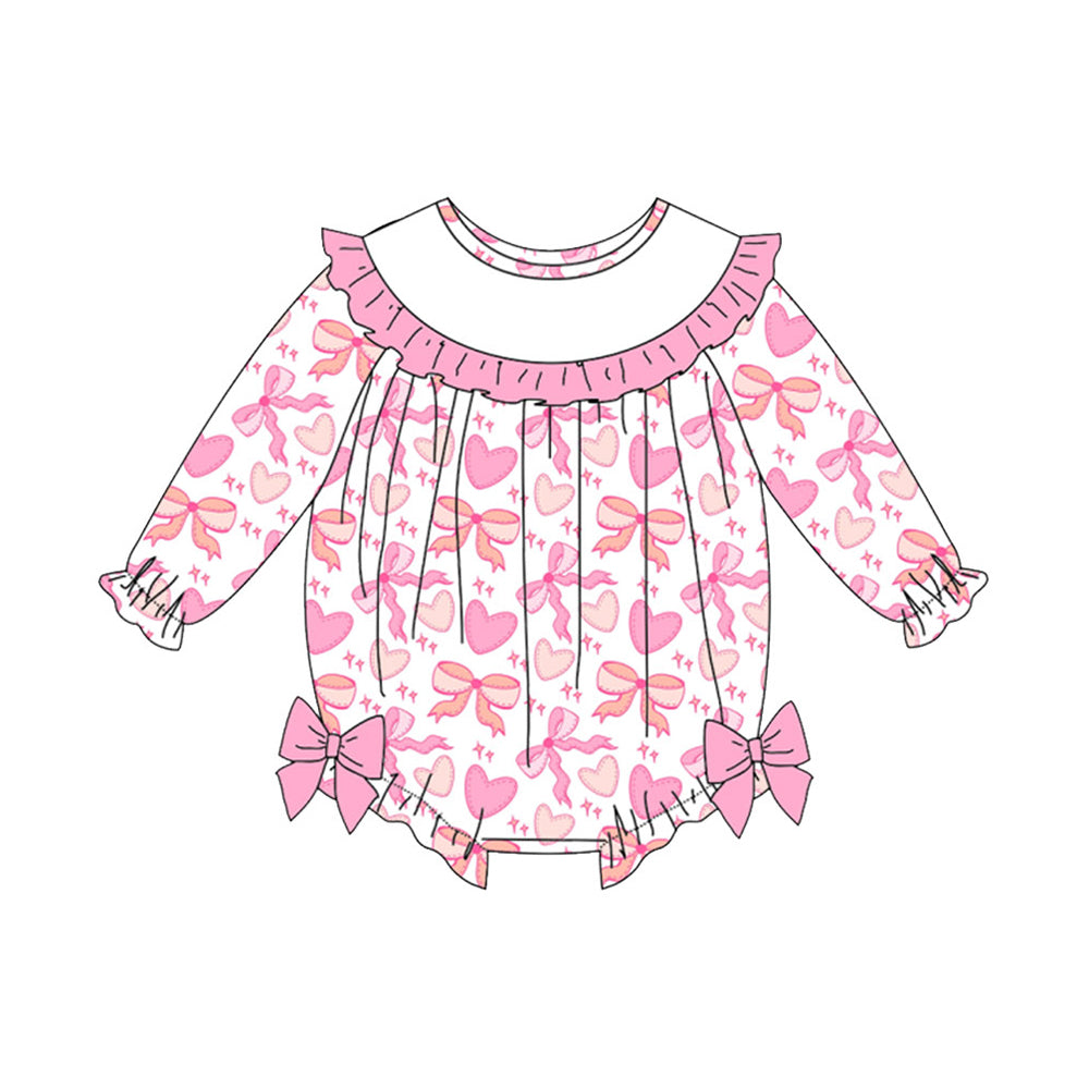 Baby Girls Pink Bows Hearts Long Sleeve Valentine Ruffle Rompers Preorder