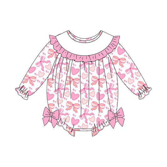 Baby Girls Pink Bows Hearts Long Sleeve Valentine Ruffle Rompers Preorder