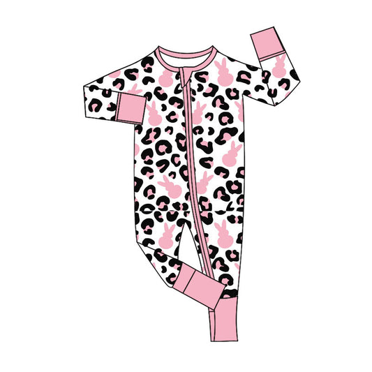 Baby Girls Pink Rabbits Leopard Easter Two Way Zip Convertible Rompers Preorder