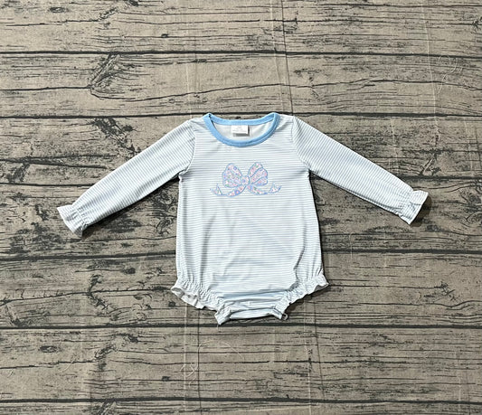 Baby Girls Blue Stripe Floral Bows Ruffle Rompers Preorder