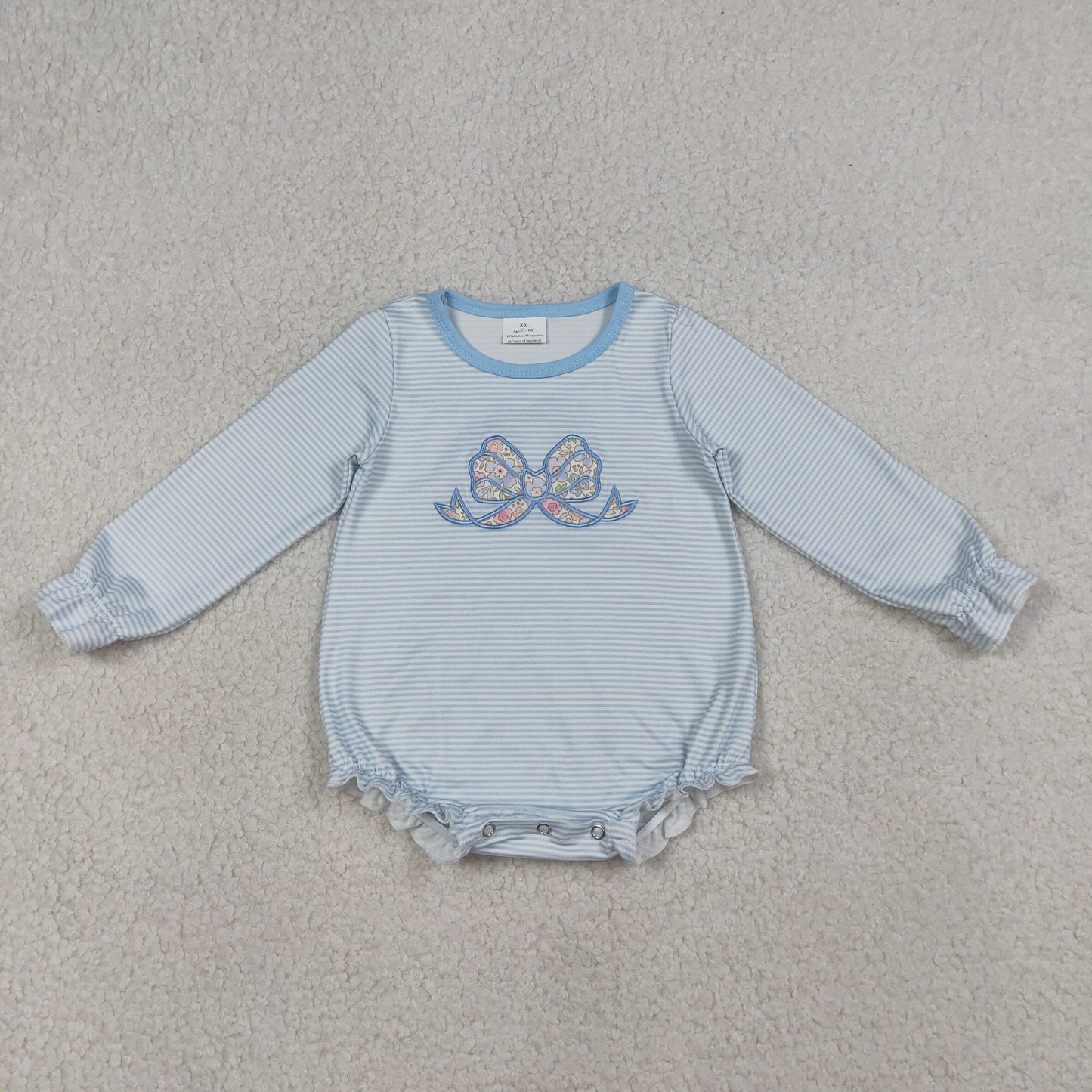 Embroidery Floral Bow Top Baby Girls Blue Stripe Ruffle Rompers