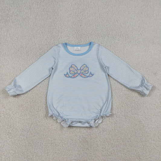 Embroidery Floral Bow Top Baby Girls Blue Stripe Ruffle Rompers