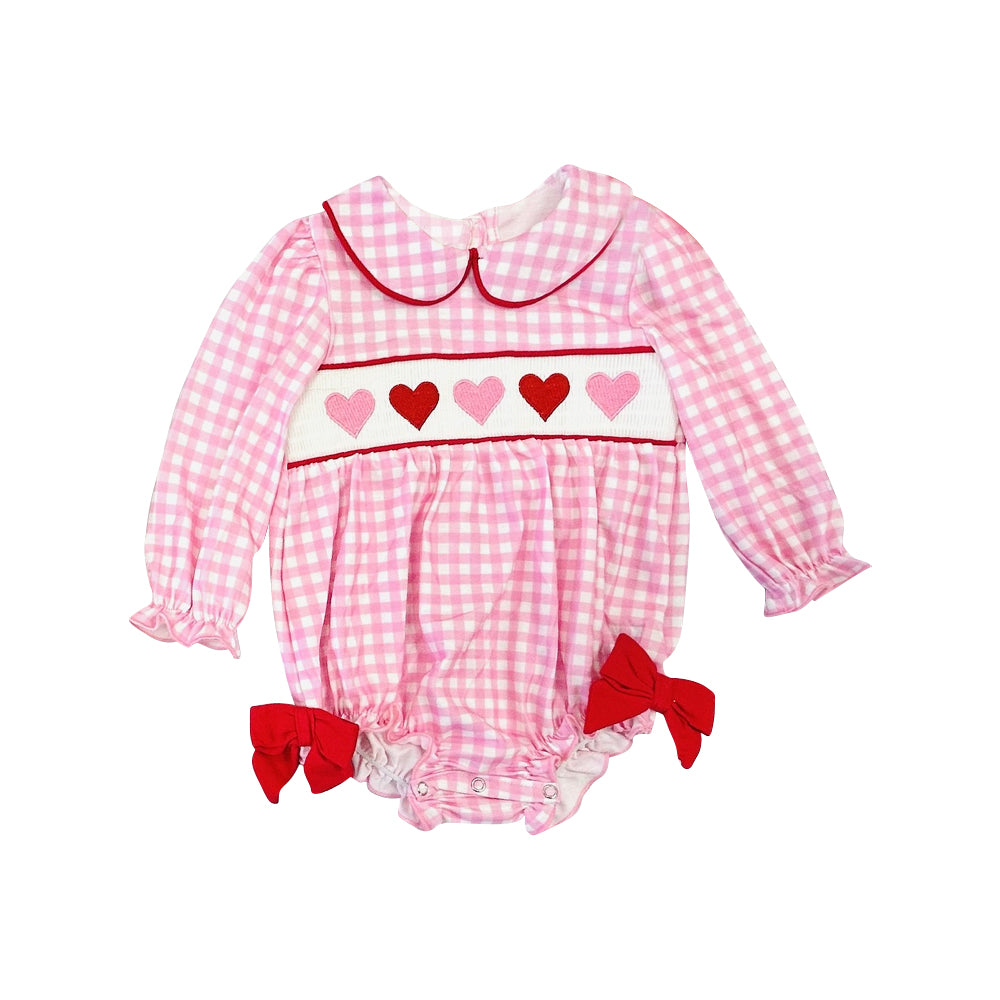 Baby Girls Pink Checked Hearts Valentines Collar Ruffle Rompers Preorder
