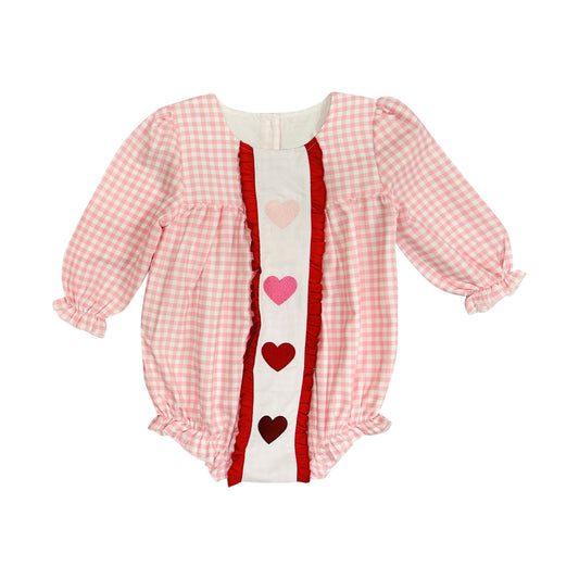 Baby Girls Peach Checked Hearts Valentines Ruffle Rompers Preorder