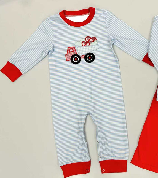 Baby Boys Hearts Truck Stripe Valentines Footie Rompers Preorder