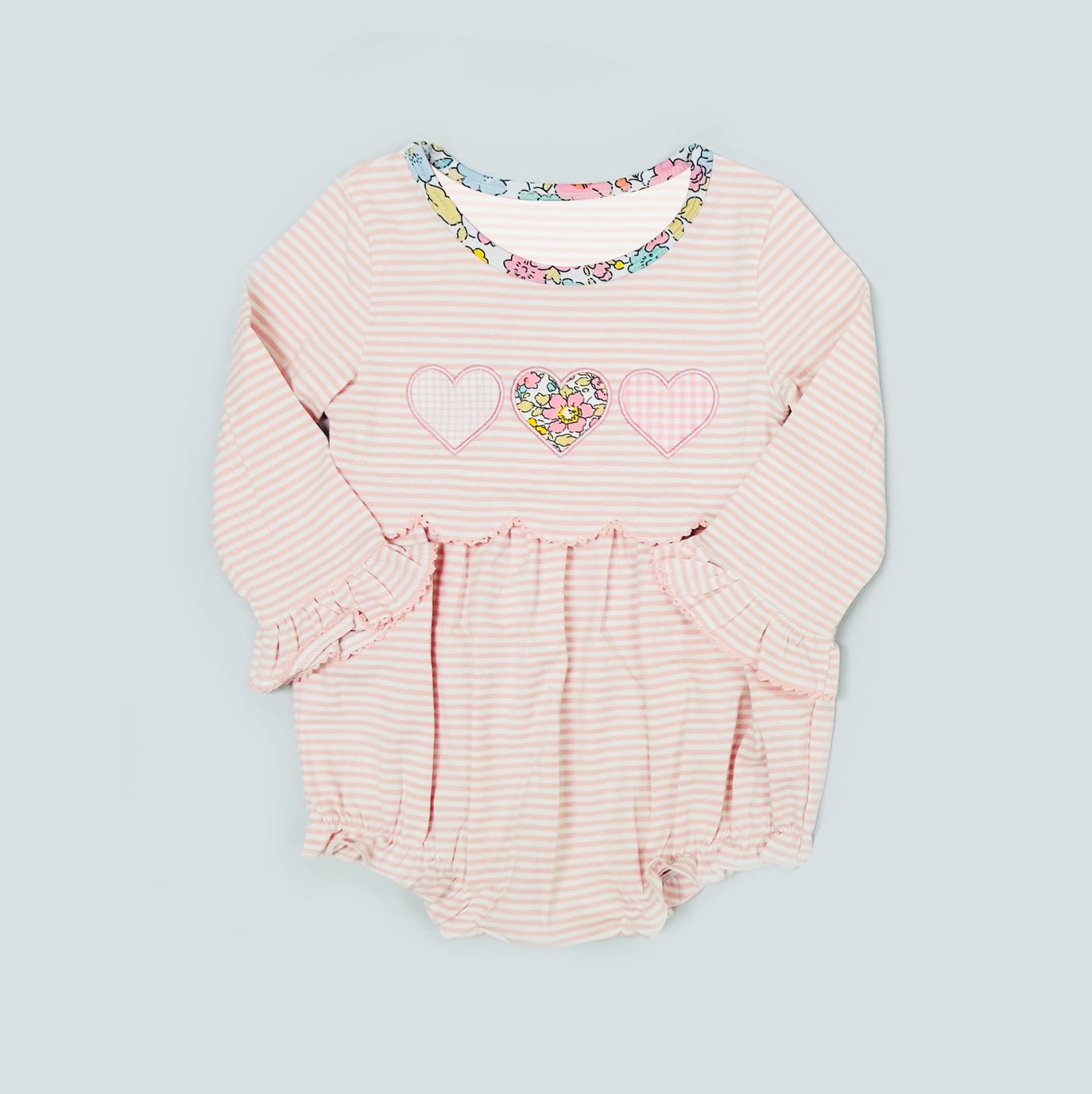 Baby Girls Peach Stripe Floral Hearts Valentines Ruffle Rompers Preorder