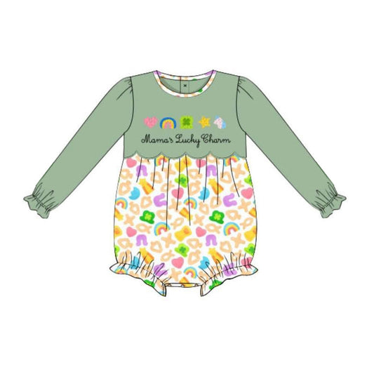 Baby Girls Clovers Rainbows St Patrick Long Ruffle Sleeve Rompers Preorder
