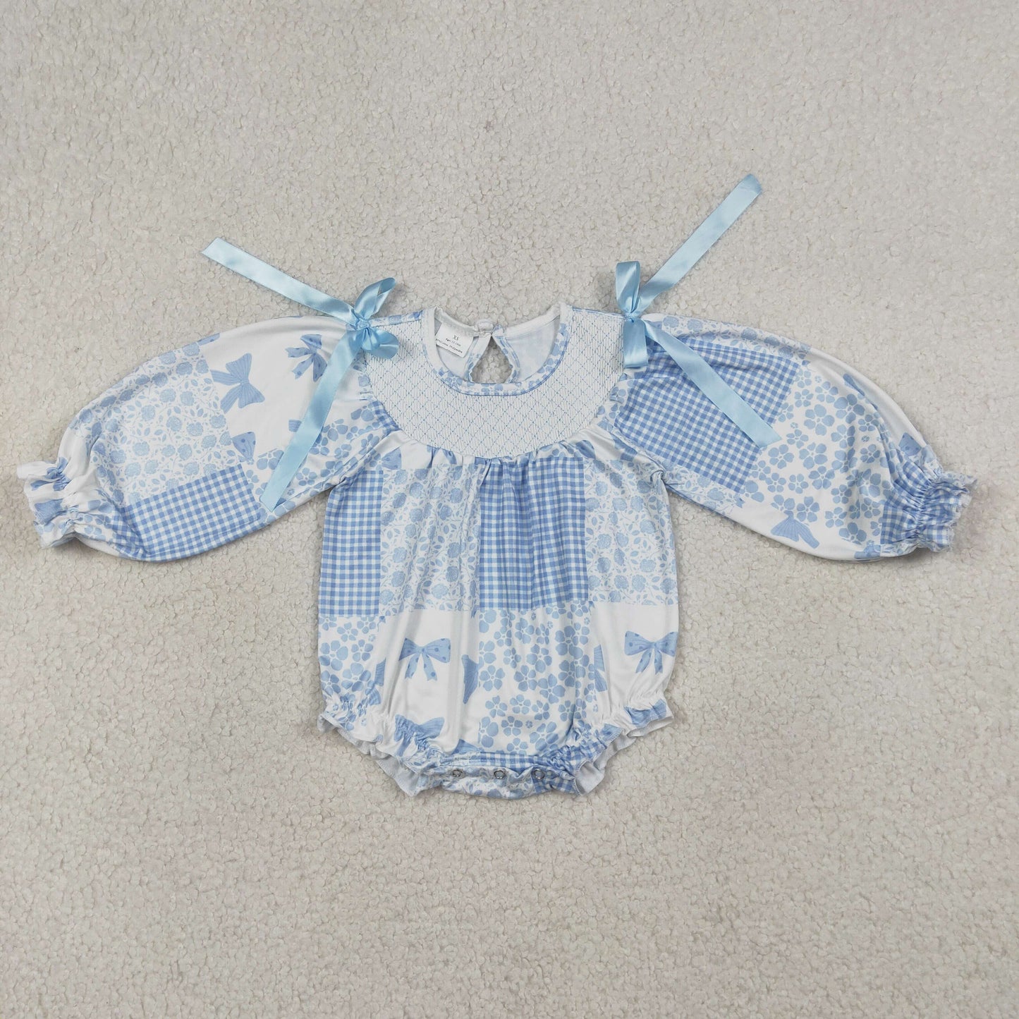Sibling Smocked Checked Baby Girls Short Sleeve Colorful Bows Flowers Ruffle Rompers