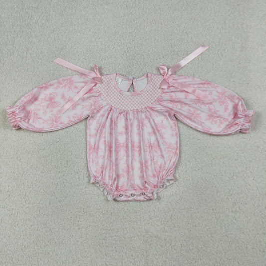 Smocked Checked Baby Girls Flowers Bows Long Sleeve Ruffle Rompers