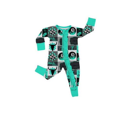Baby Girls 8 Balls Bull Skulls Checked Western Two Way Ruffle Zip Convertible Rompers Preorder