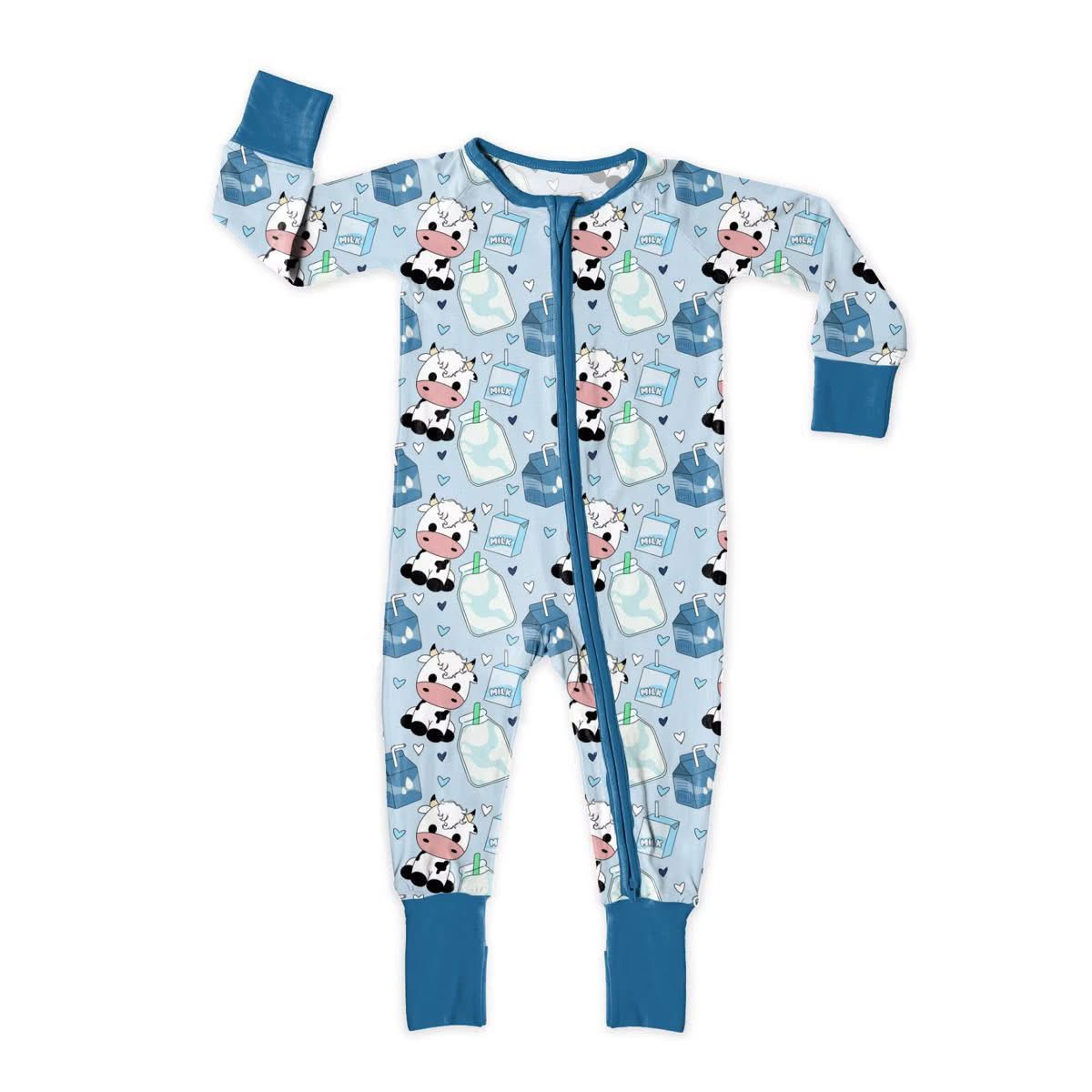 Baby Boys Blue Cows Milks Hearts Farm Two Way Zip Convertible Rompers Preorder