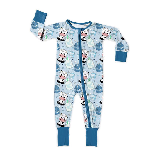 Baby Boys Blue Cows Milks Hearts Farm Two Way Zip Convertible Rompers Preorder