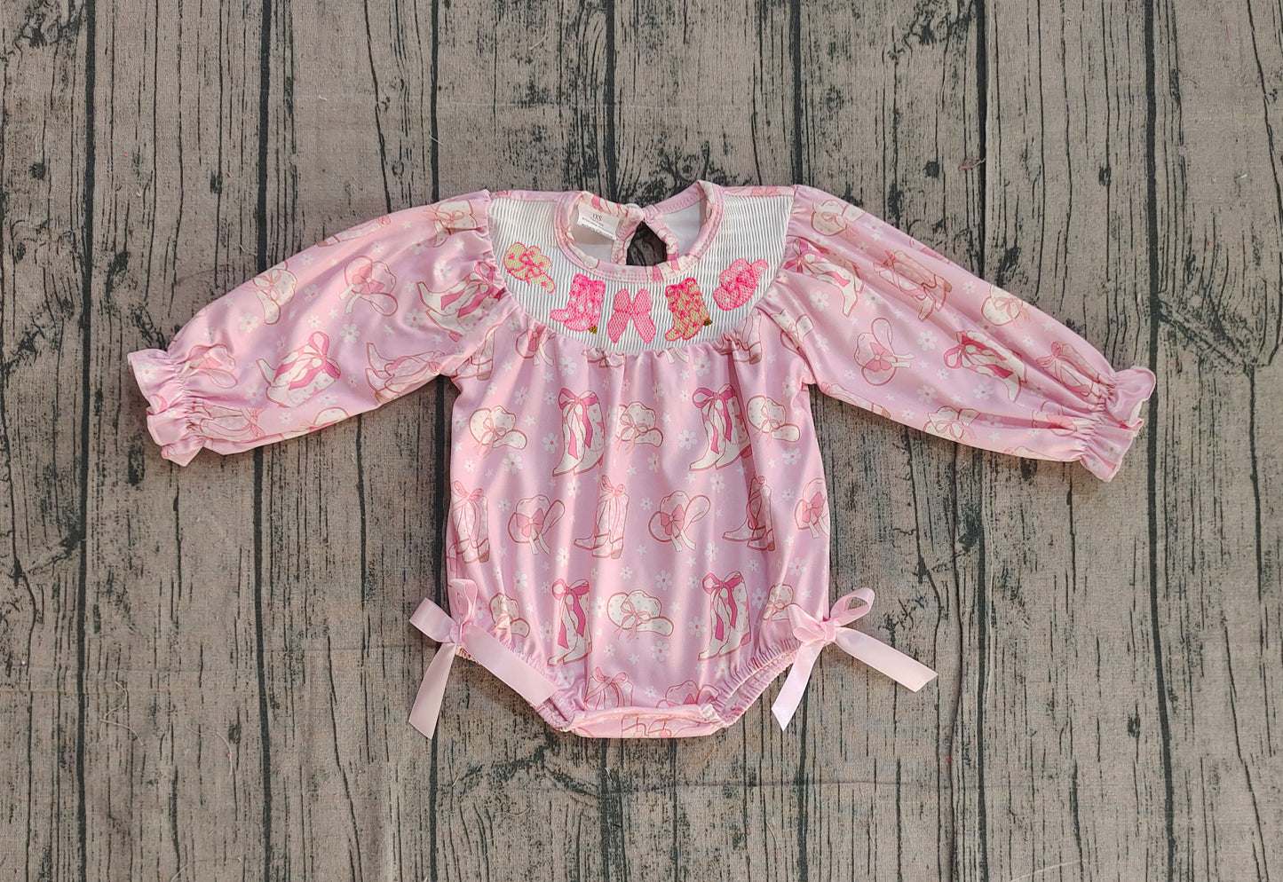 Smocked Boots Bows Baby Girls Pink Flowers Western Ruffle Rompers Preorder
